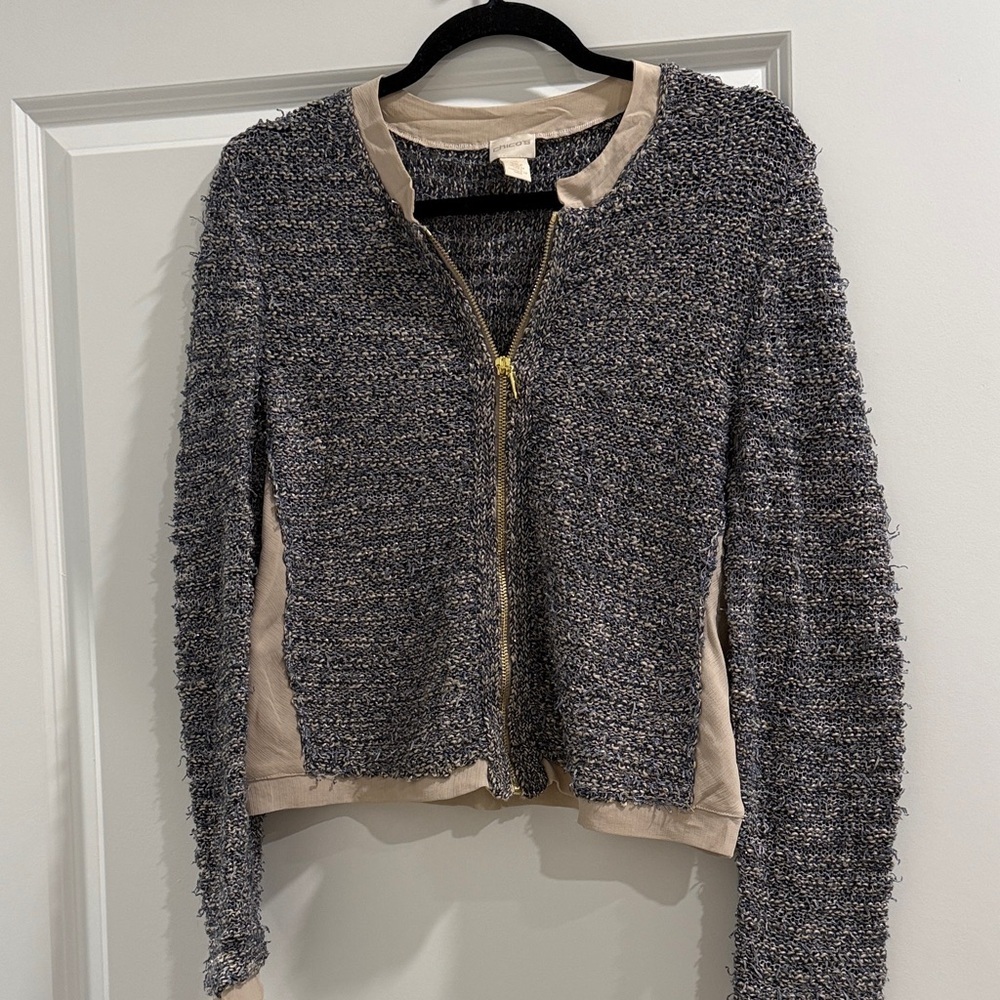 Chicos Ryann Shine Stitch Zip Up Cardigan Jacket. Chiffon trim sz s